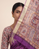 Madhu Wine Tussar Silk Madhubani Saree With Unstitched Blouse Piece