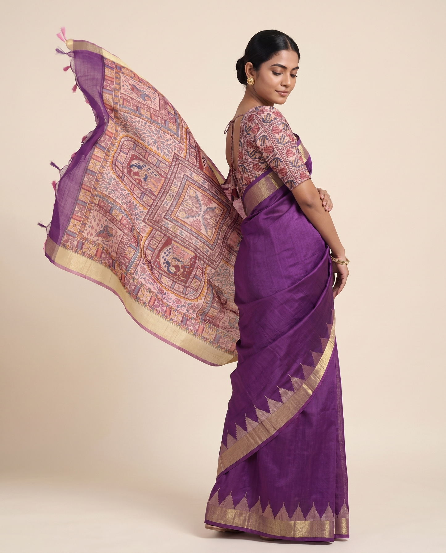 Madhu Wine Tussar Silk Madhubani Saree With Unstitched Blouse Piece