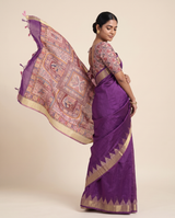 Madhu Wine Tussar Silk Madhubani Saree With Unstitched Blouse Piece