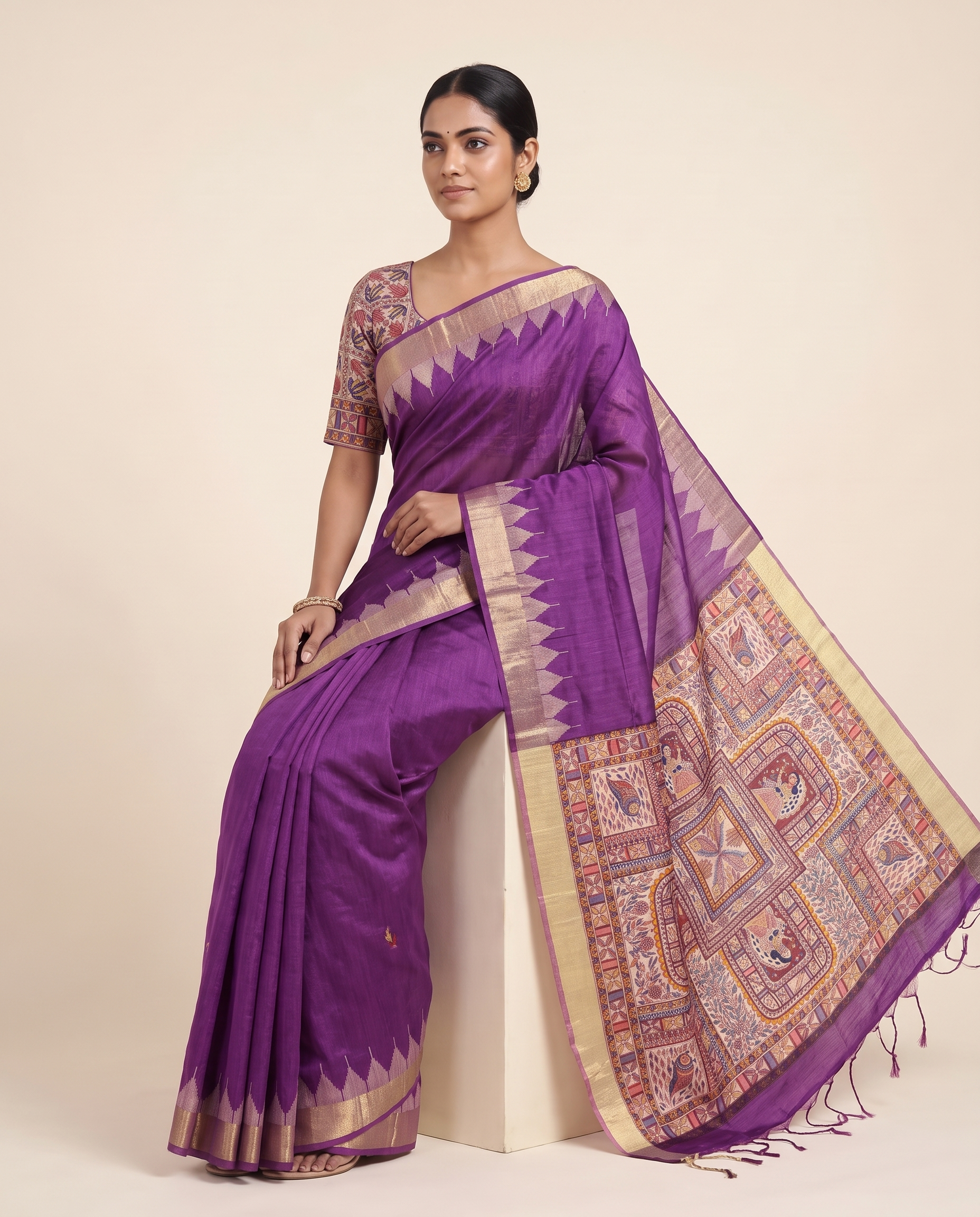 Madhu Wine Tussar Silk Madhubani Saree With Unstitched Blouse Piece
