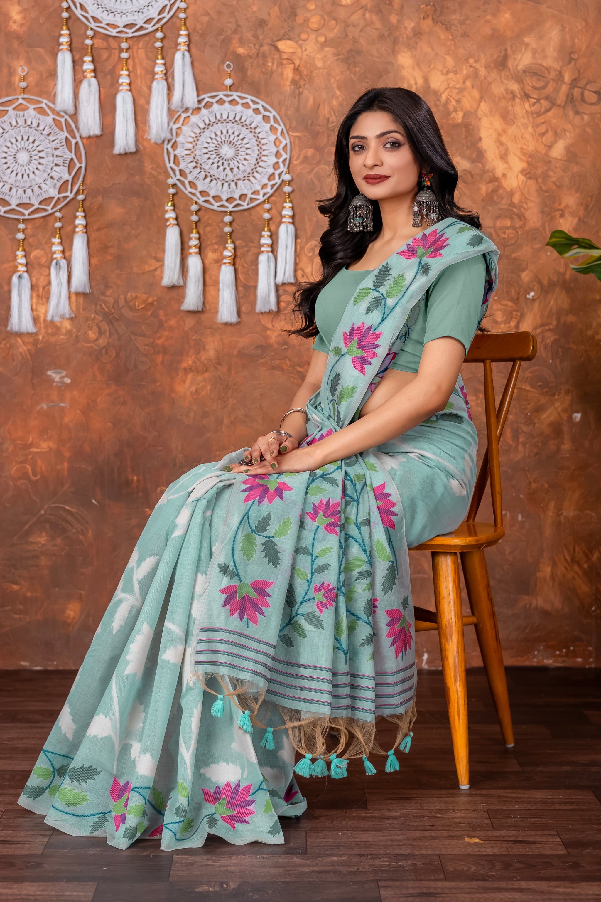Mahitha Breeze Blue Muga Cotton Jamdani Saree