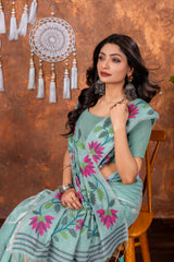 Mahitha Breeze Blue Muga Cotton Jamdani Saree
