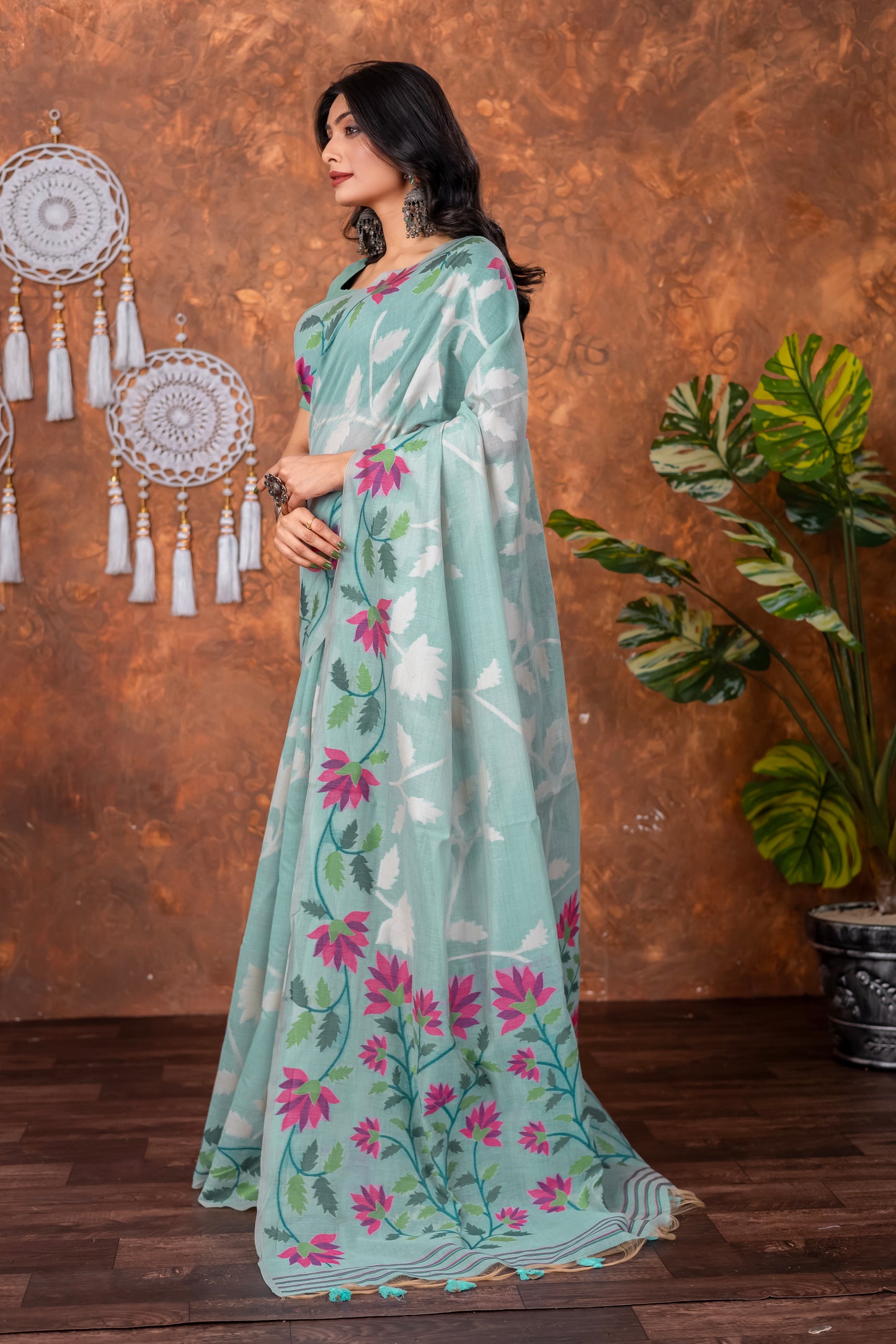 Mahitha Breeze Blue Muga Cotton Jamdani Saree