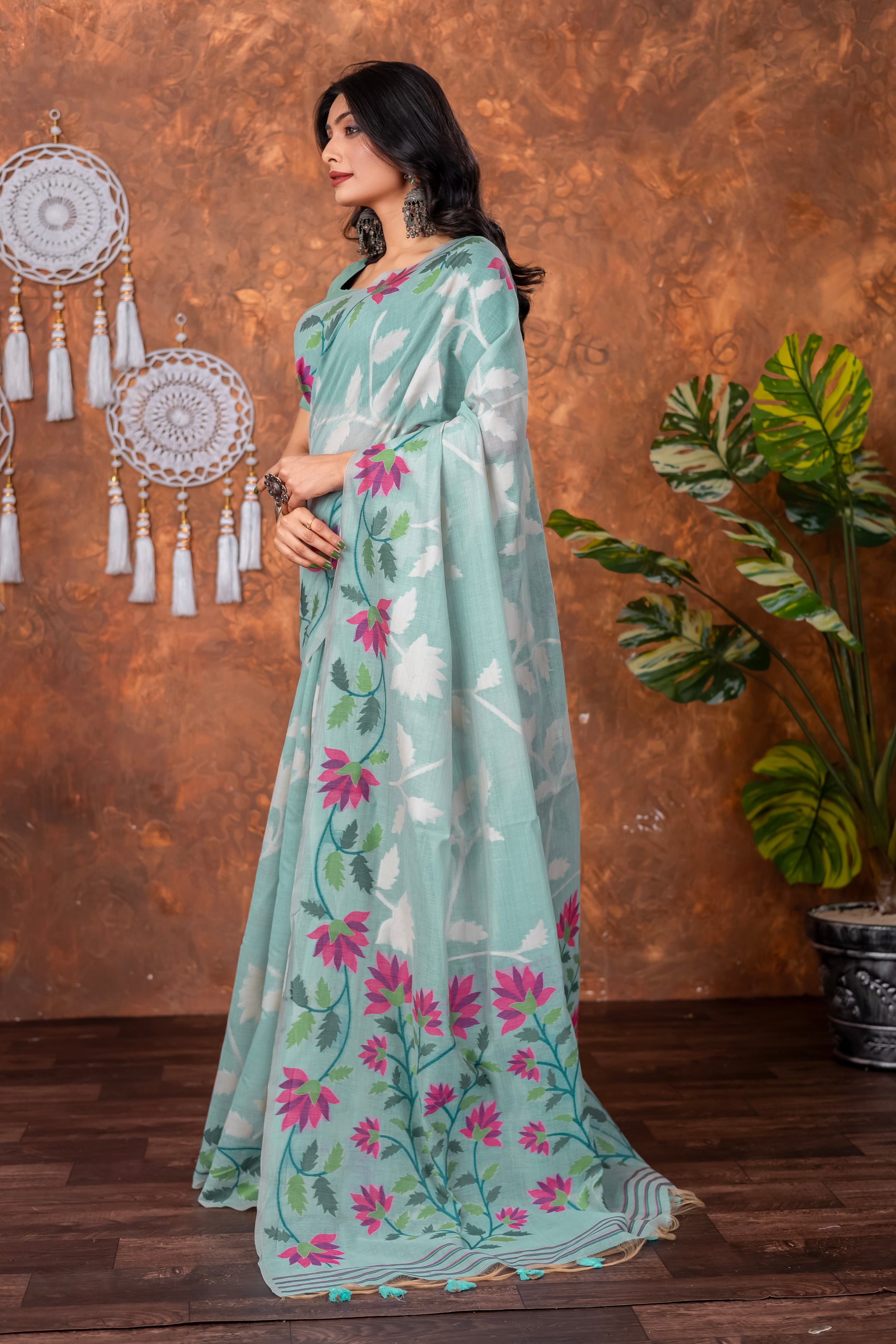 Mahitha Breeze Blue Muga Cotton Jamdani Saree