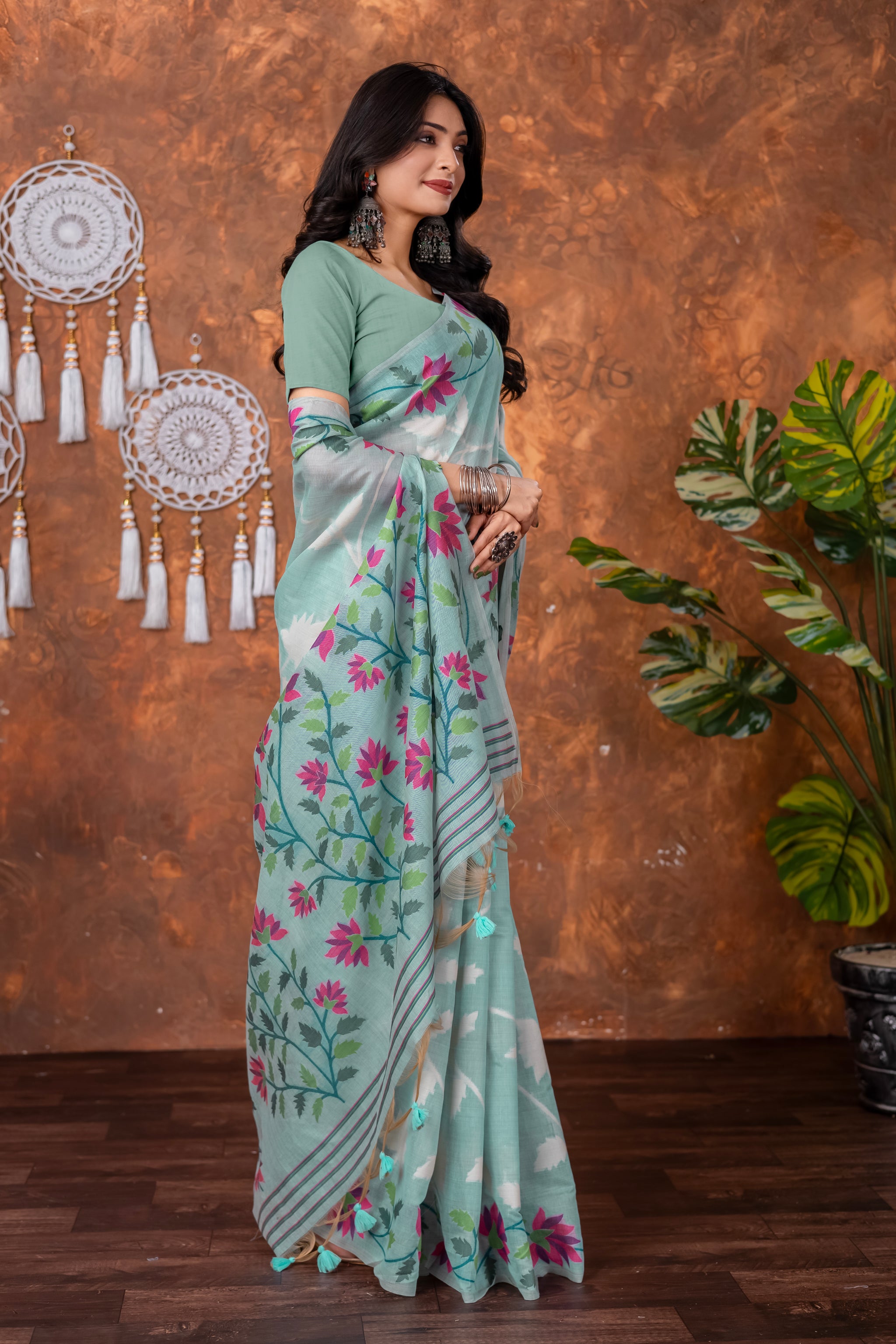 Mahitha Breeze Blue Muga Cotton Jamdani Saree