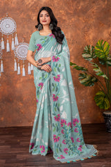 Mahitha Breeze Blue Muga Cotton Jamdani Saree