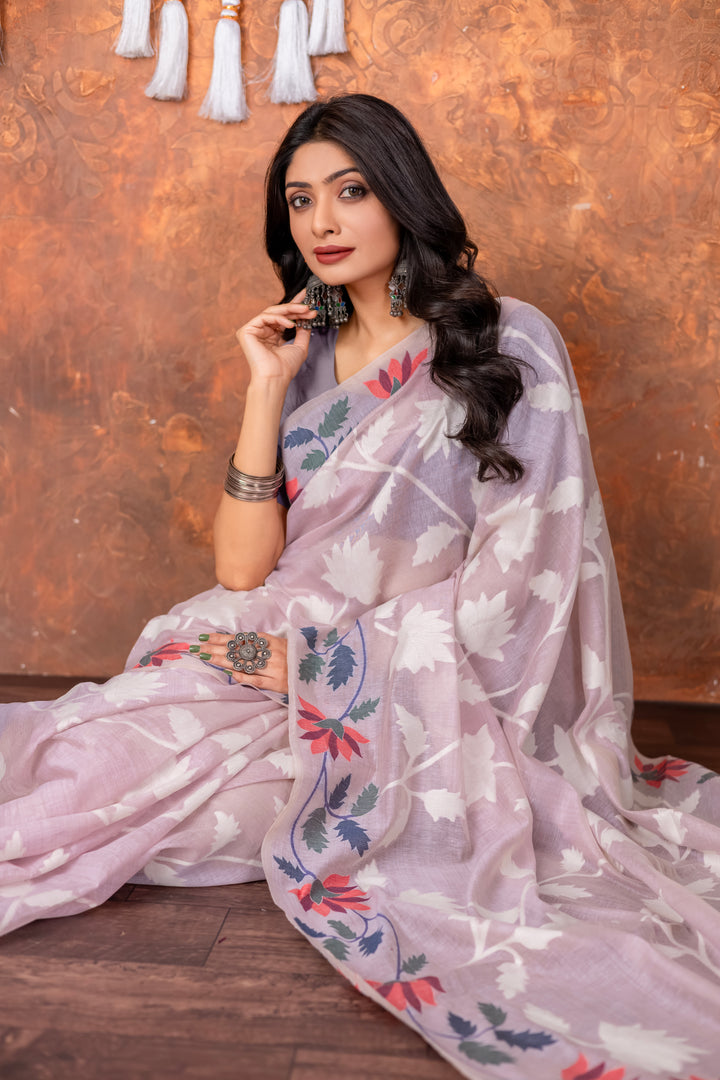 Mahitha Orchid Lavender Muga Cotton Jamdani Saree