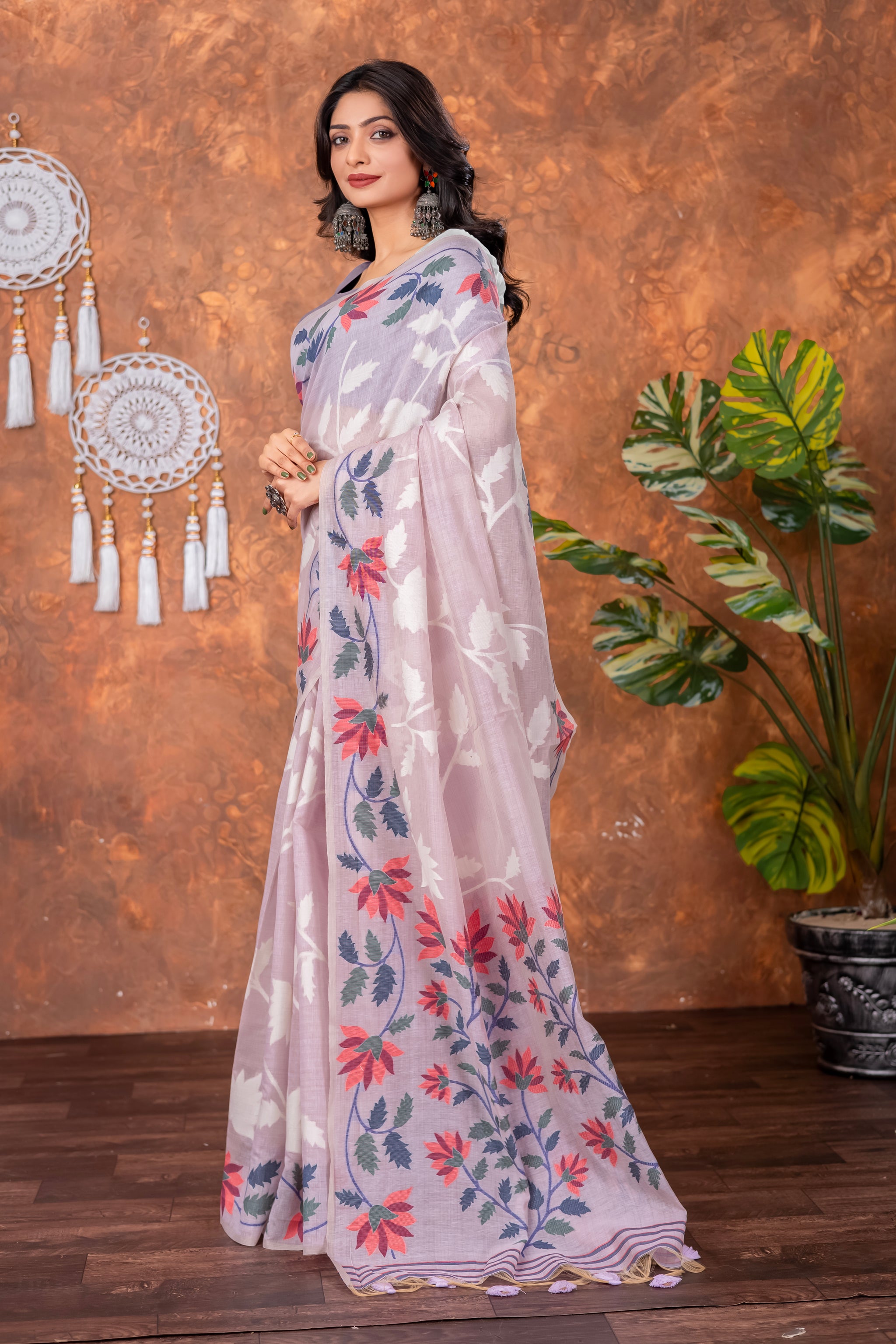 Mahitha Orchid Lavender Muga Cotton Jamdani Saree