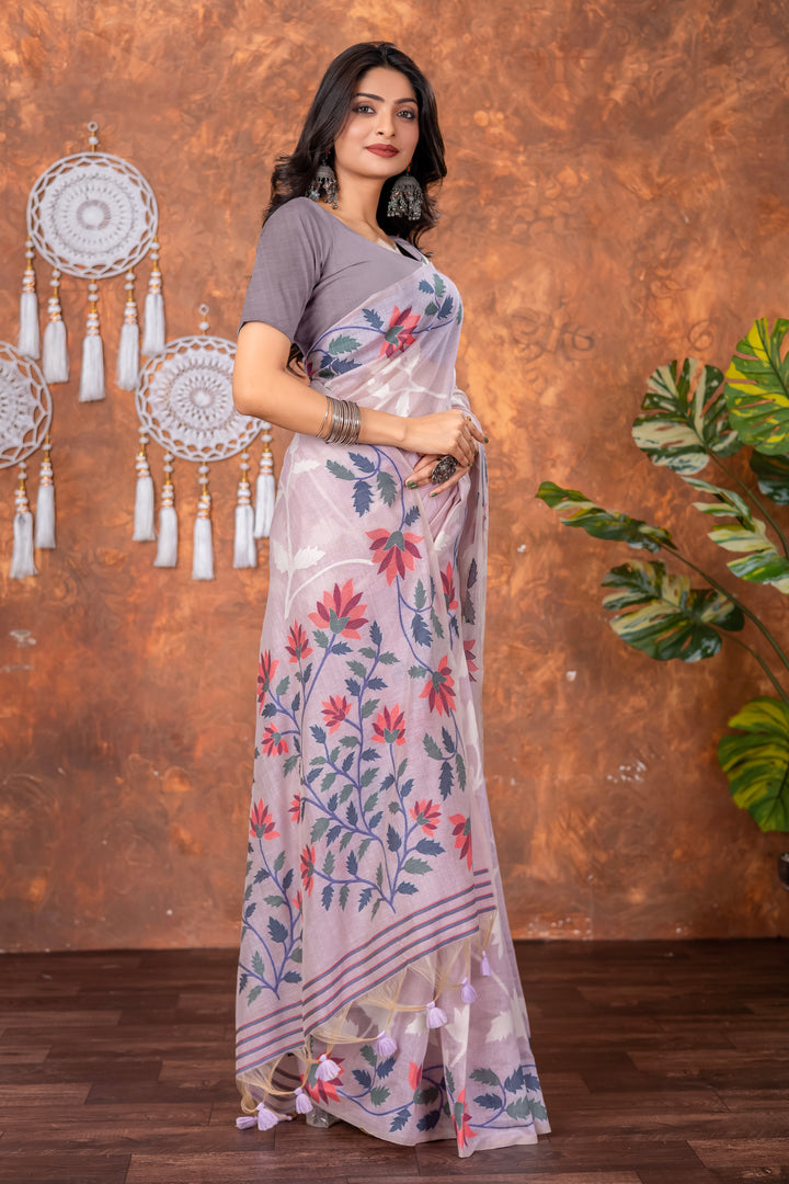 Mahitha Orchid Lavender Muga Cotton Jamdani Saree