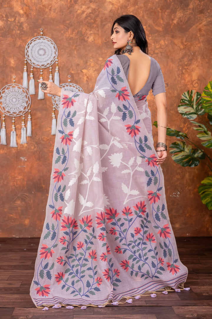 Mahitha Orchid Lavender Muga Cotton Jamdani Saree