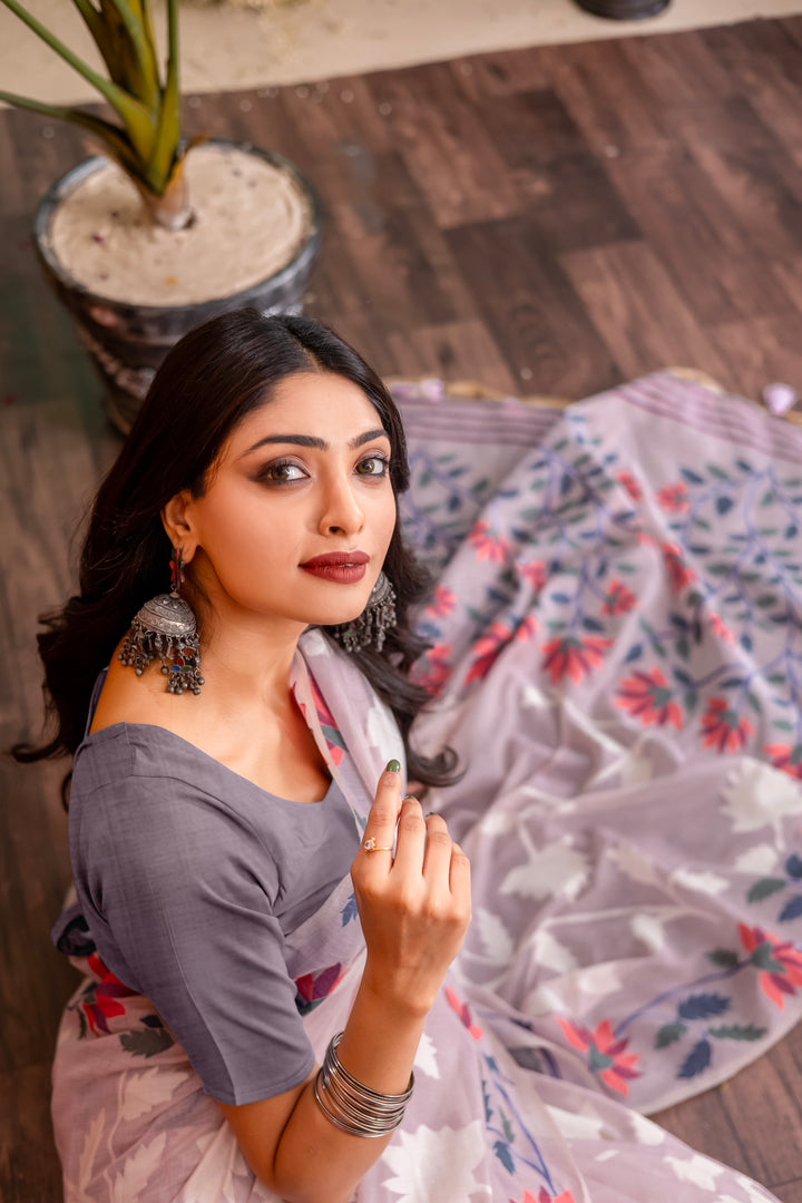 Mahitha Orchid Lavender Muga Cotton Jamdani Saree