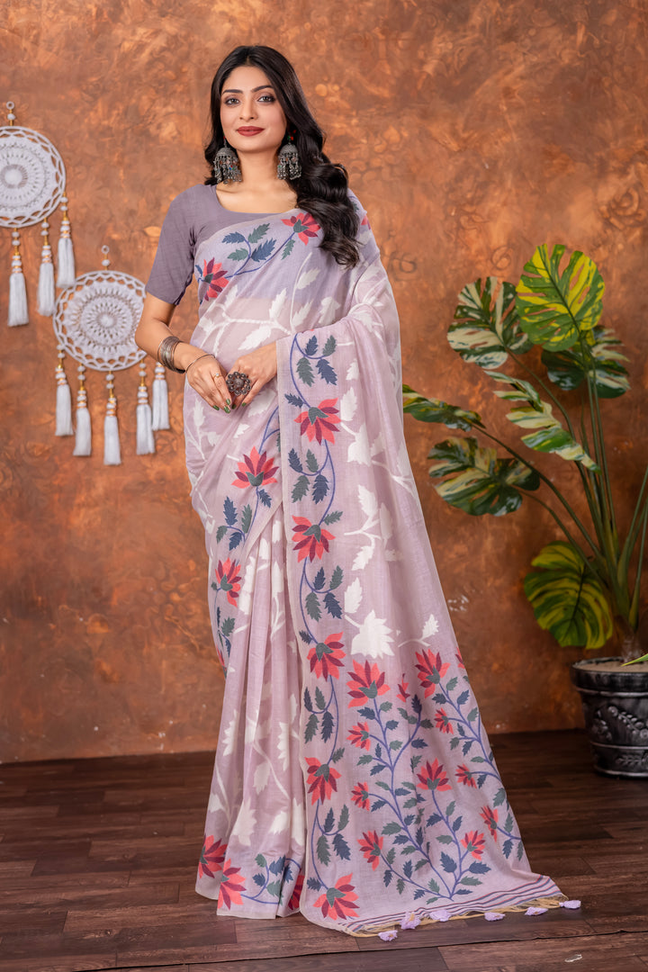 Mahitha Orchid Lavender Muga Cotton Jamdani Saree