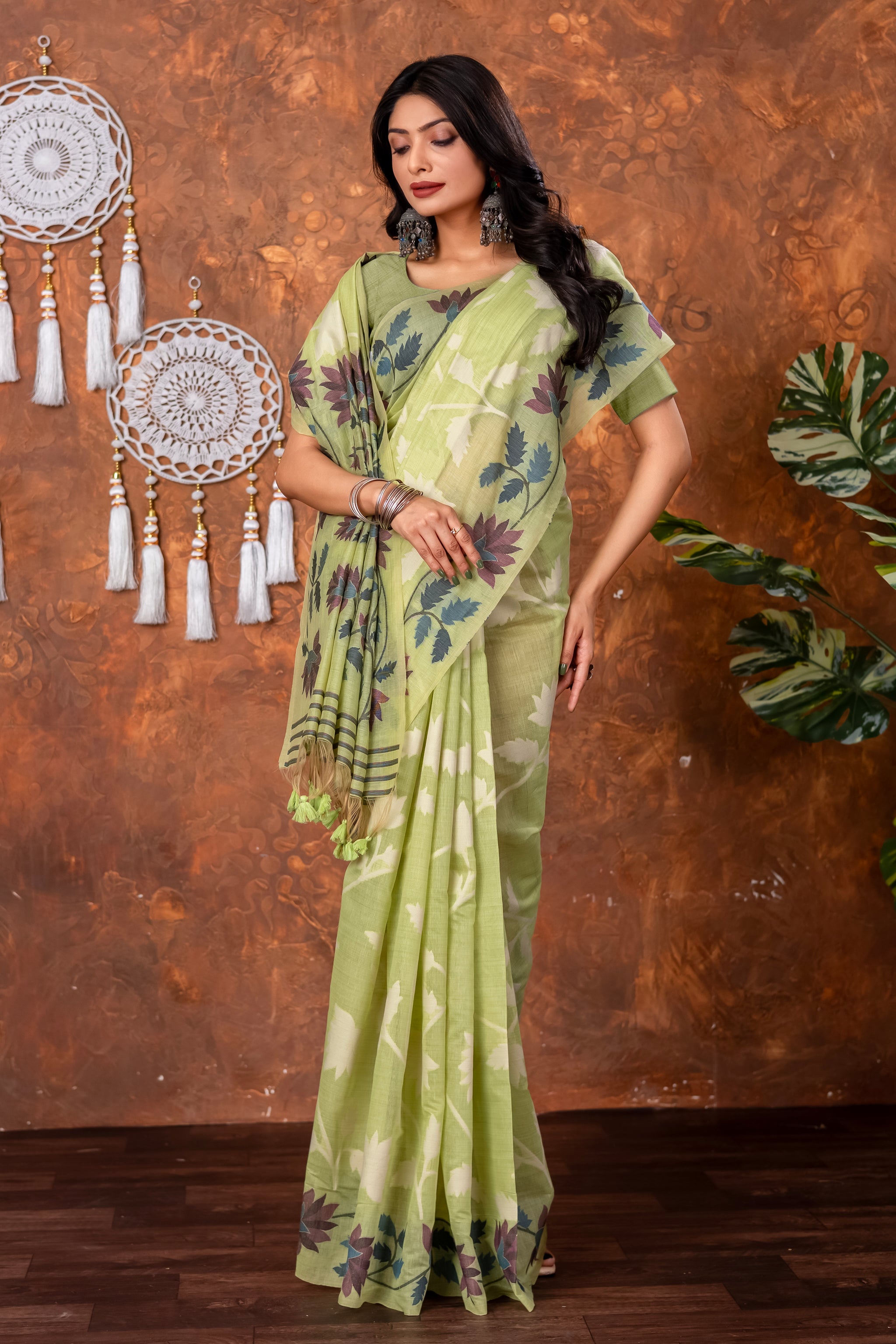 Mahitha Pistachio Green Muga Cotton Jamdani Saree