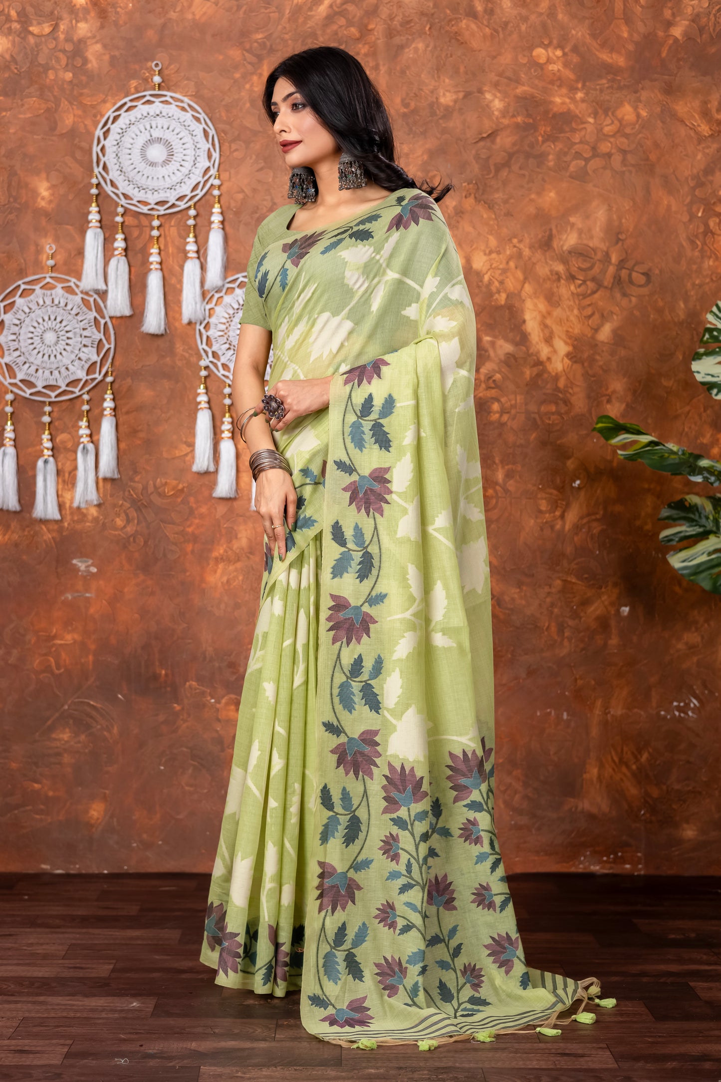 Mahitha Pistachio Green Muga Cotton Jamdani Saree