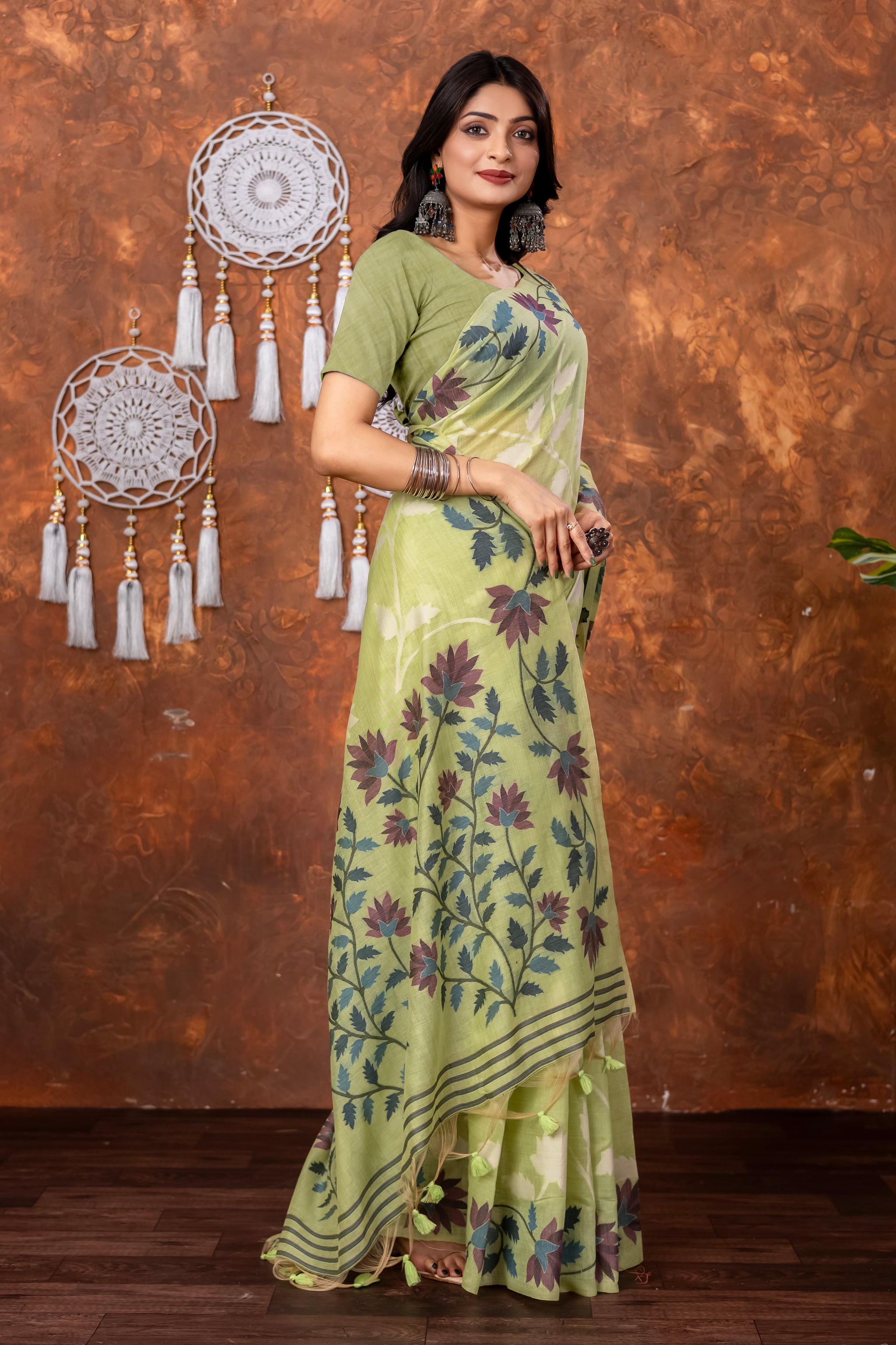 Mahitha Pistachio Green Muga Cotton Jamdani Saree