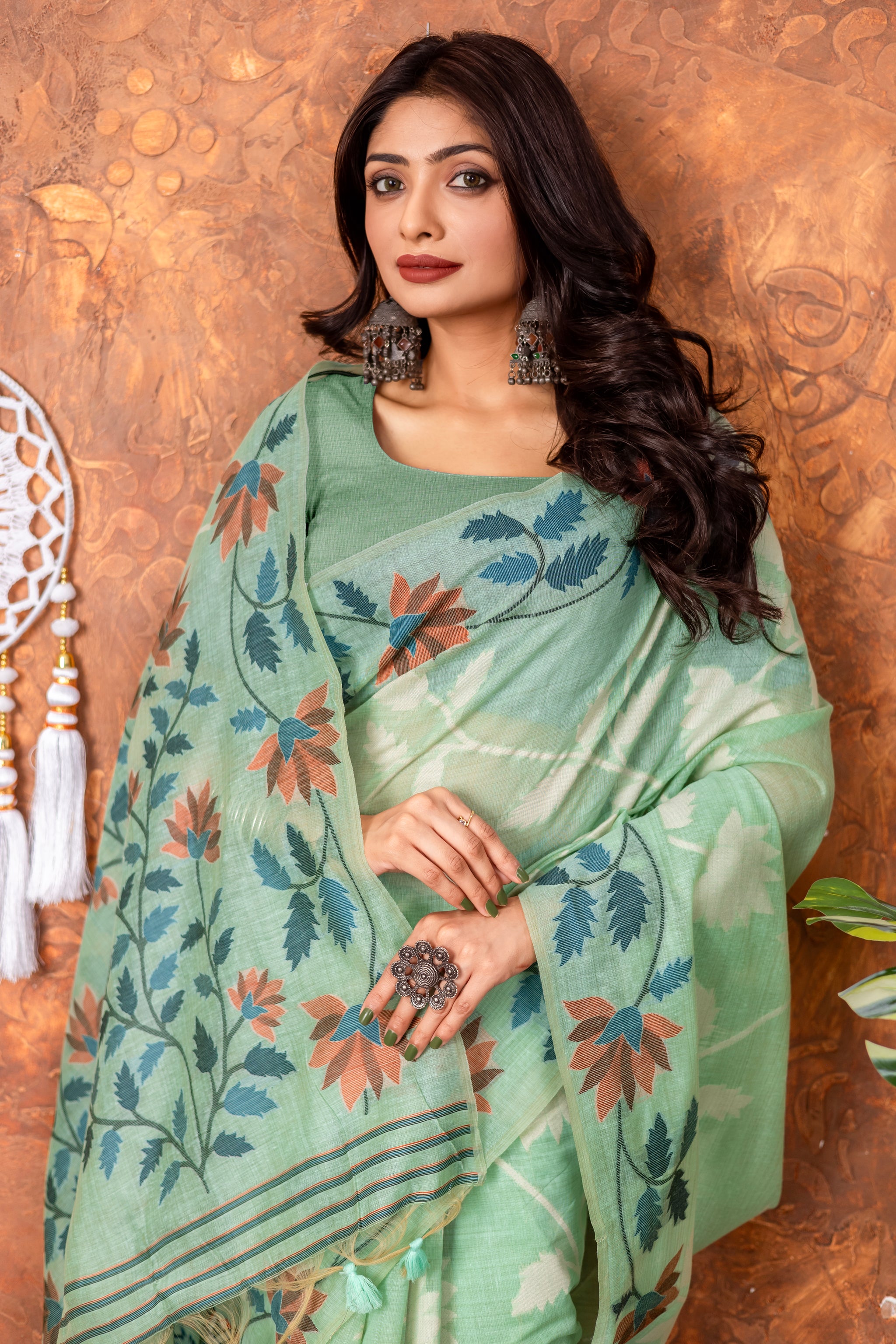Mahitha Sea Green Muga Cotton Jamdani Saree