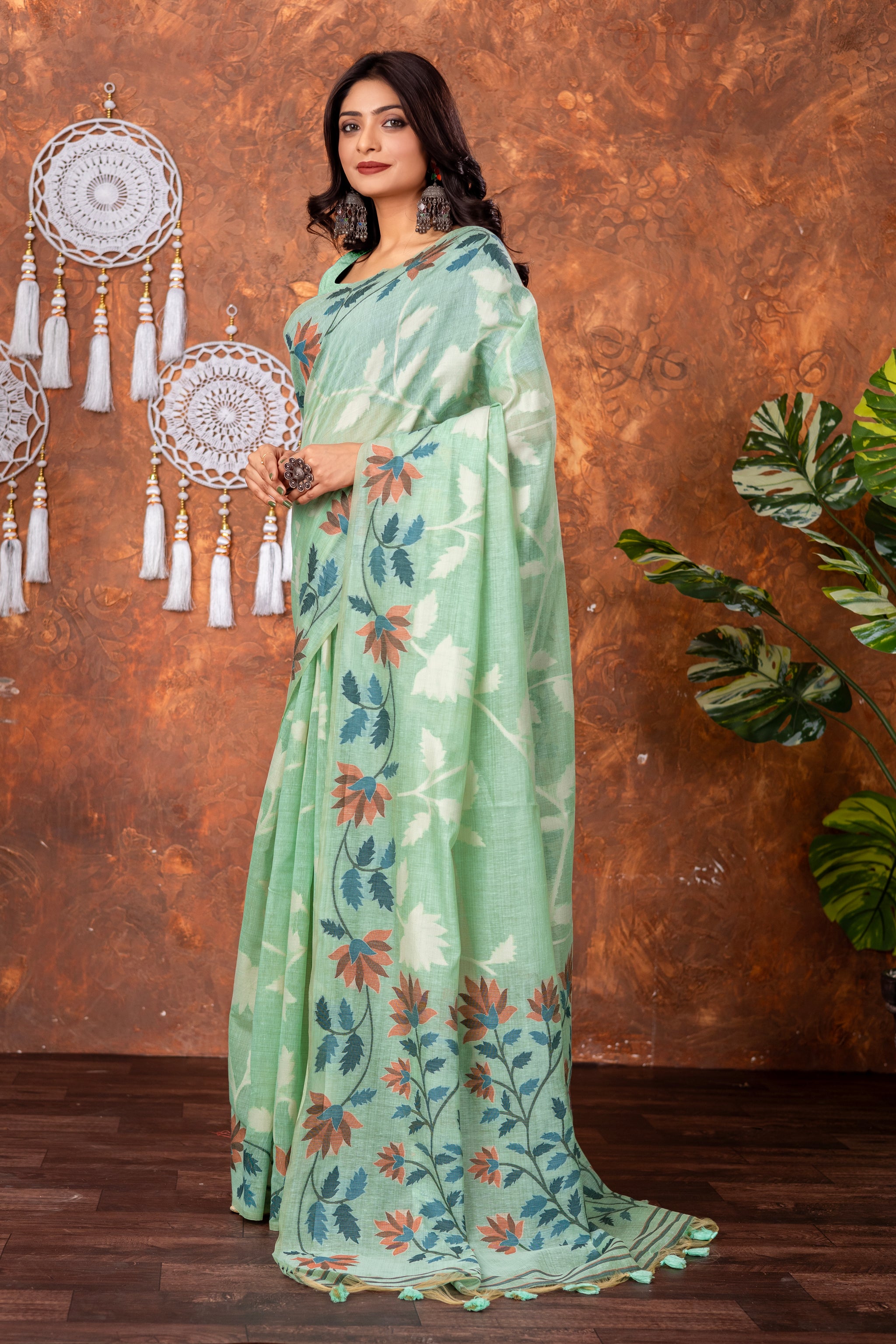 Mahitha Sea Green Muga Cotton Jamdani Saree