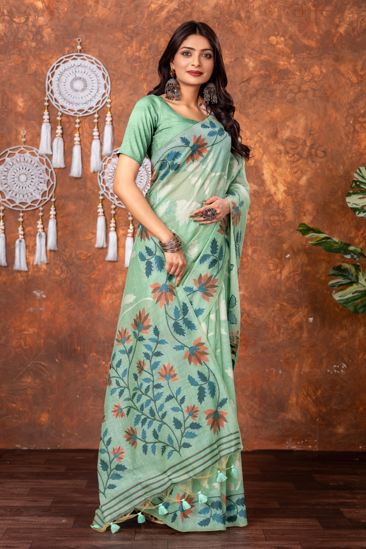 Mahitha Sea Green Muga Cotton Jamdani Saree