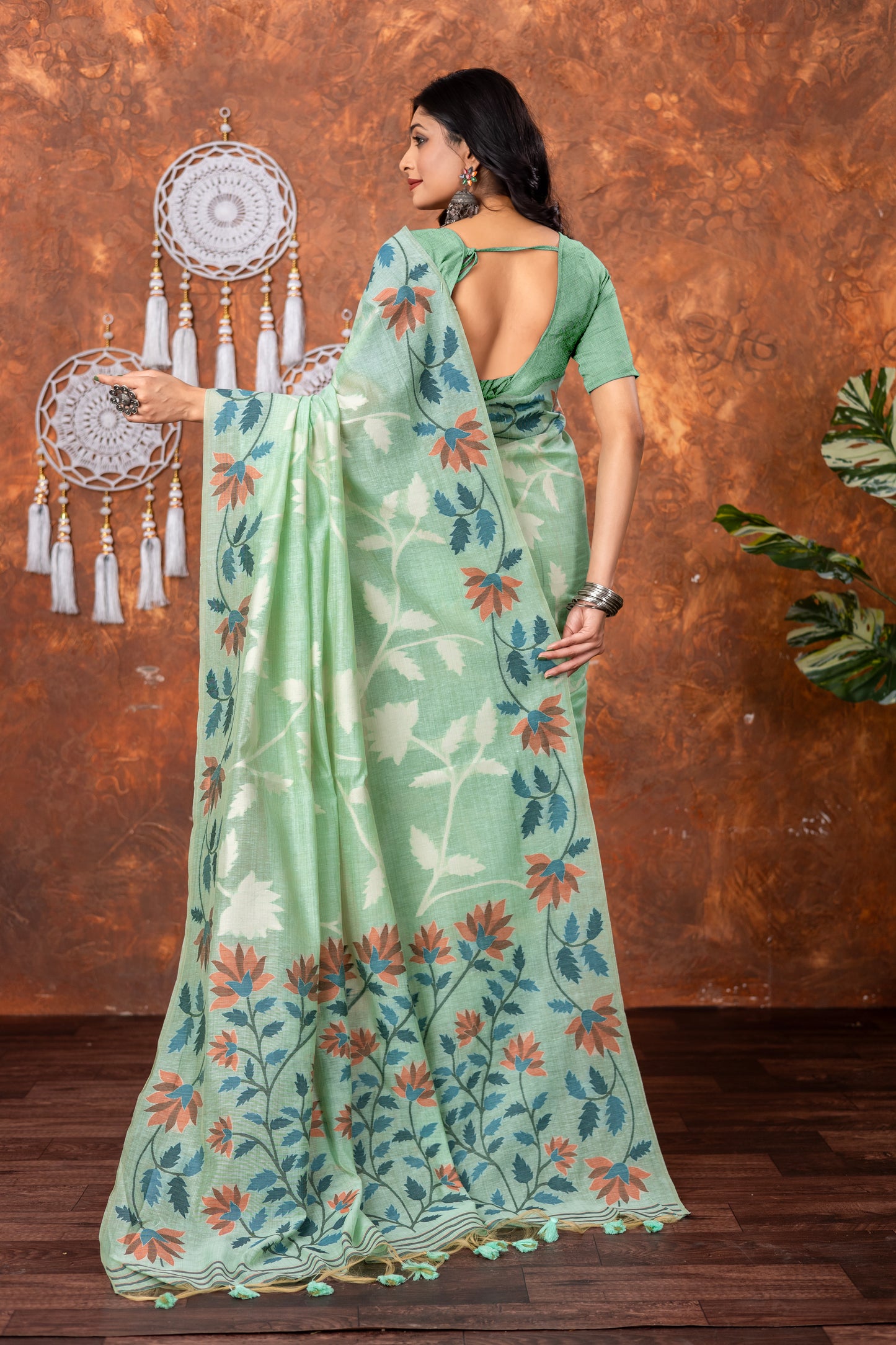 Mahitha Sea Green Muga Cotton Jamdani Saree
