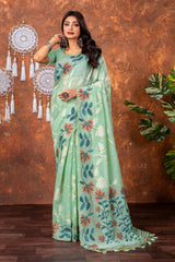 Mahitha Sea Green Muga Cotton Jamdani Saree