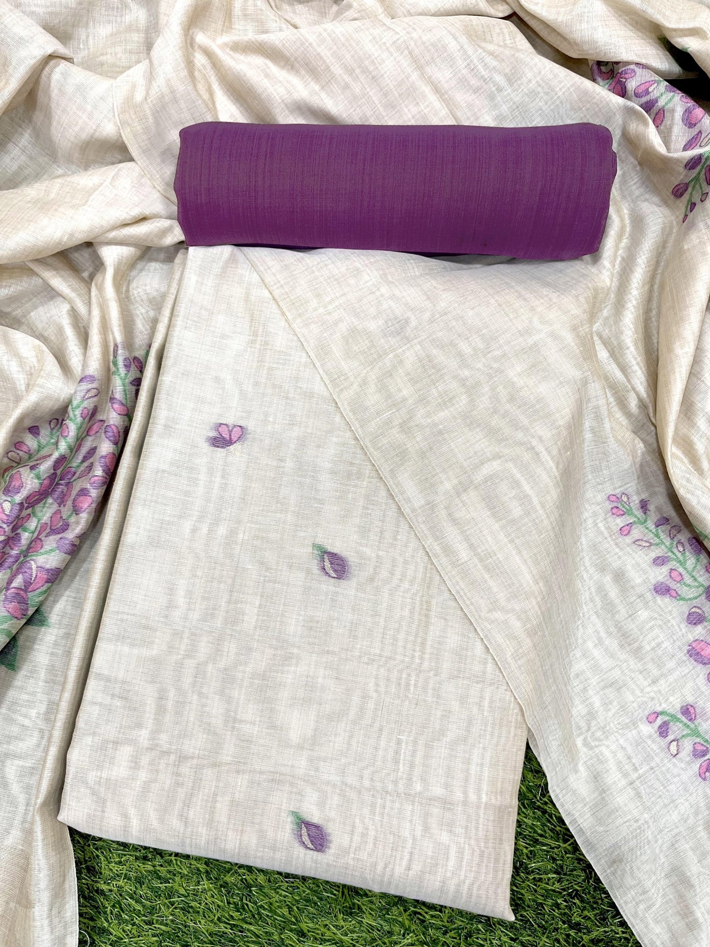 Show Stopper Beige & Lavender Jamdani Muga Cotton Unstitched Suit Set