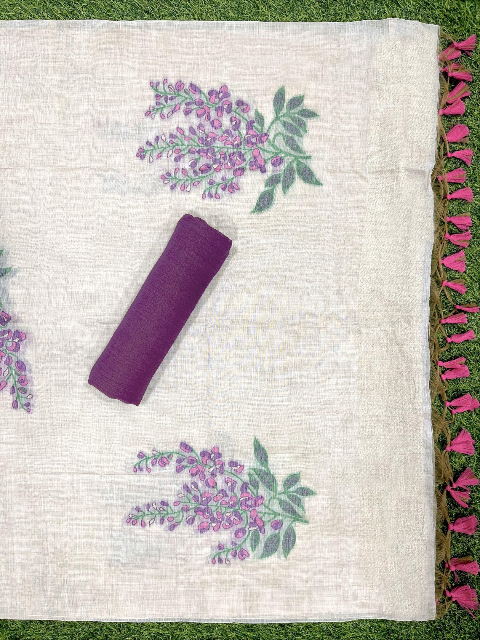 Show Stopper Beige & Lavender Jamdani Muga Cotton Unstitched Suit Set