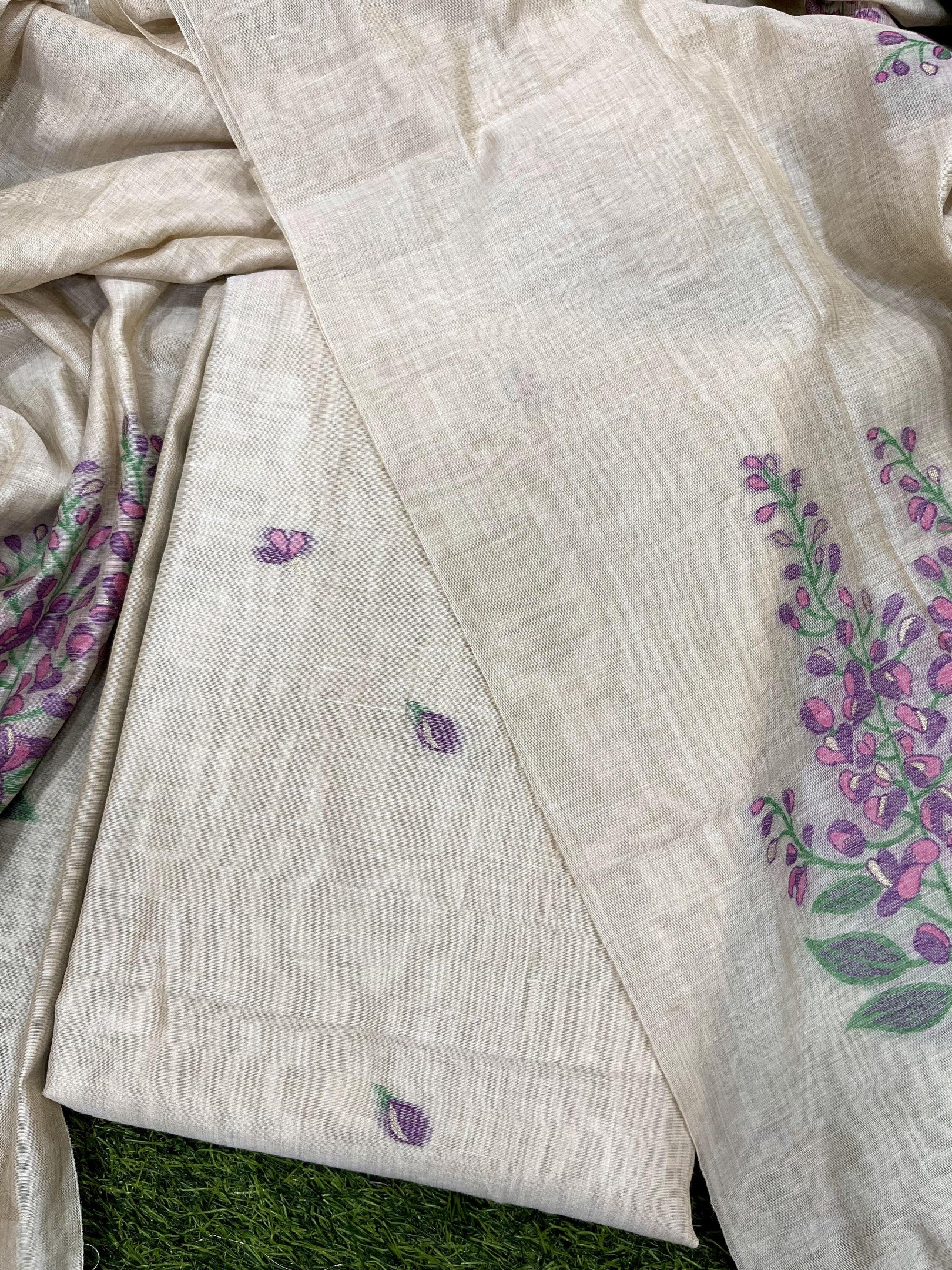 Show Stopper Beige & Lavender Jamdani Muga Cotton Unstitched Suit Set