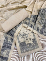 Load image into Gallery viewer, Crimson Beige Animal Woven Muga Unstitched Suit Set
