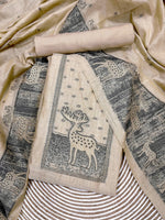 Load image into Gallery viewer, Crimson Beige Animal Woven Muga Unstitched Suit Set
