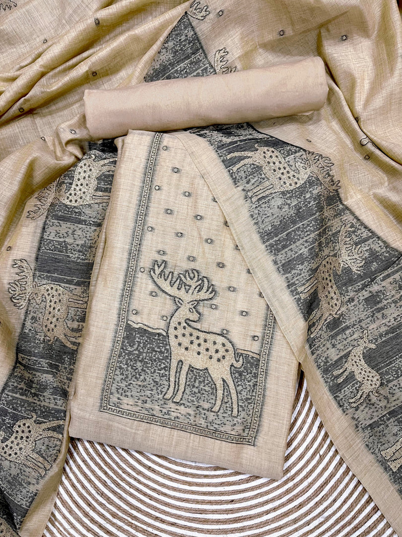 Crimson Beige Animal Woven Muga Unstitched Suit Set