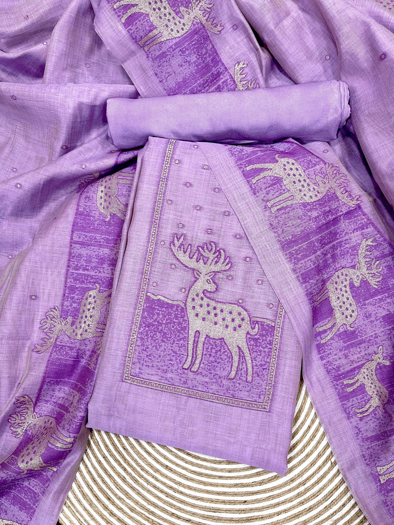 Crimson Lavender Animal Woven Muga Unstitched Suit Set