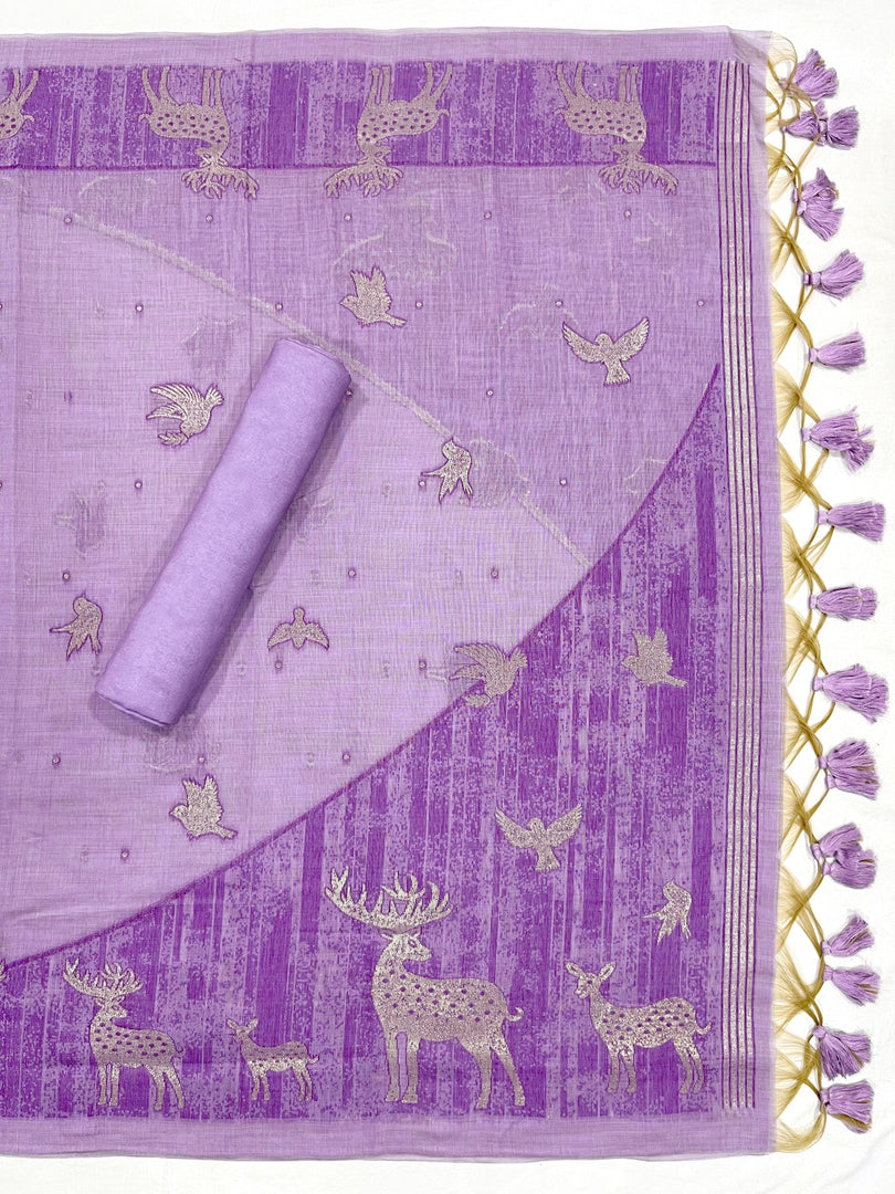 Crimson Lavender Animal Woven Muga Unstitched Suit Set