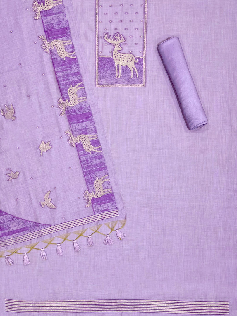 Crimson Lavender Animal Woven Muga Unstitched Suit Set