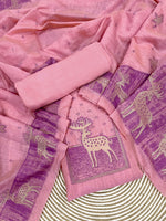 Load image into Gallery viewer, Crimson Pink Animal Woven Muga Unstitched Suit Set
