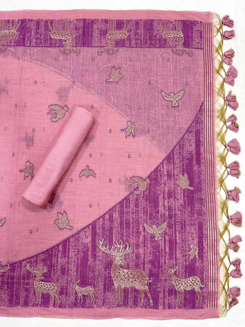 Crimson Pink Animal Woven Muga Unstitched Suit Set