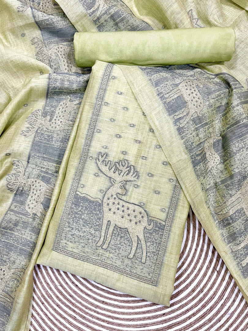 Crimson Pista Green Animal Woven Muga Unstitched Suit Set