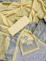 Load image into Gallery viewer, Crimson Yellow Animal Woven Muga Unstitched Suit Set
