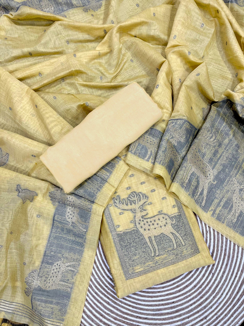 Crimson Yellow Animal Woven Muga Unstitched Suit Set