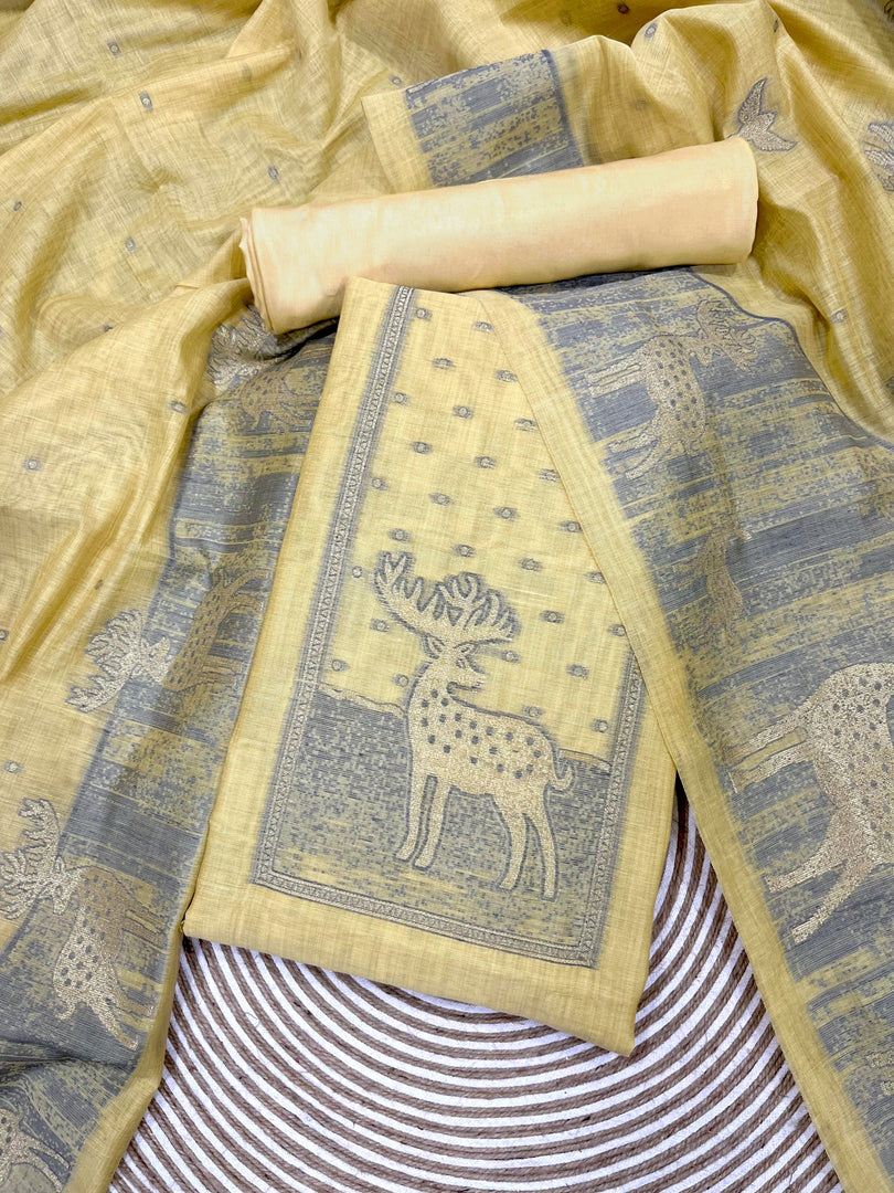 Crimson Yellow Animal Woven Muga Unstitched Suit Set