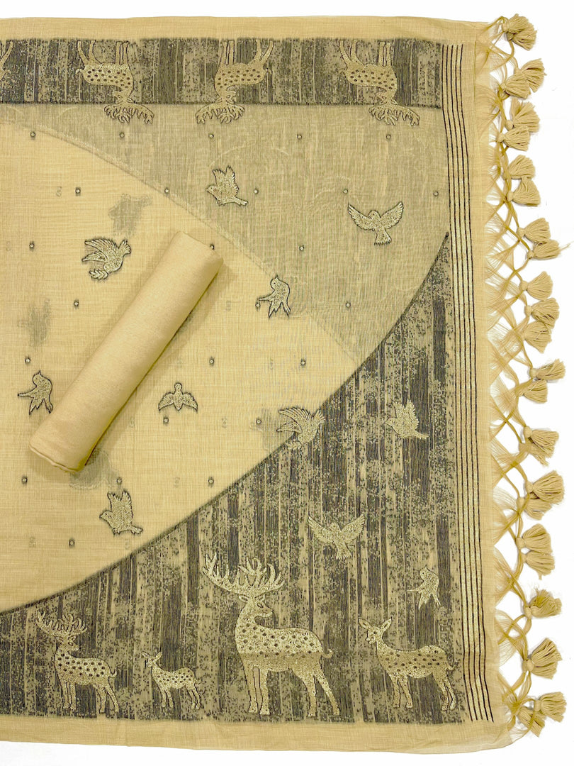 Crimson Yellow Animal Woven Muga Unstitched Suit Set