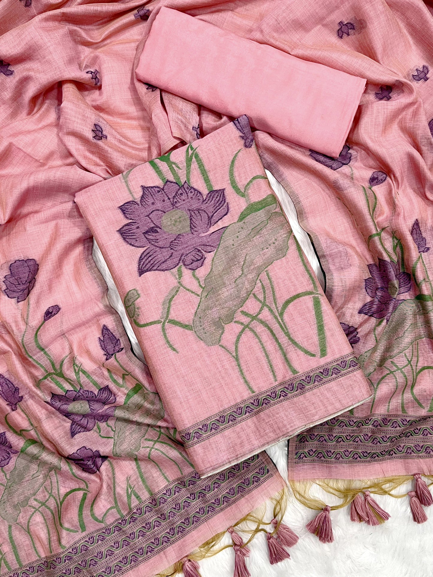 Bohemian Bliss Pink Muga Cotton Unstitched Suit Set