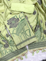 Load image into Gallery viewer, Bohemian Bliss Green Muga Cotton Unstitched Suit Set
