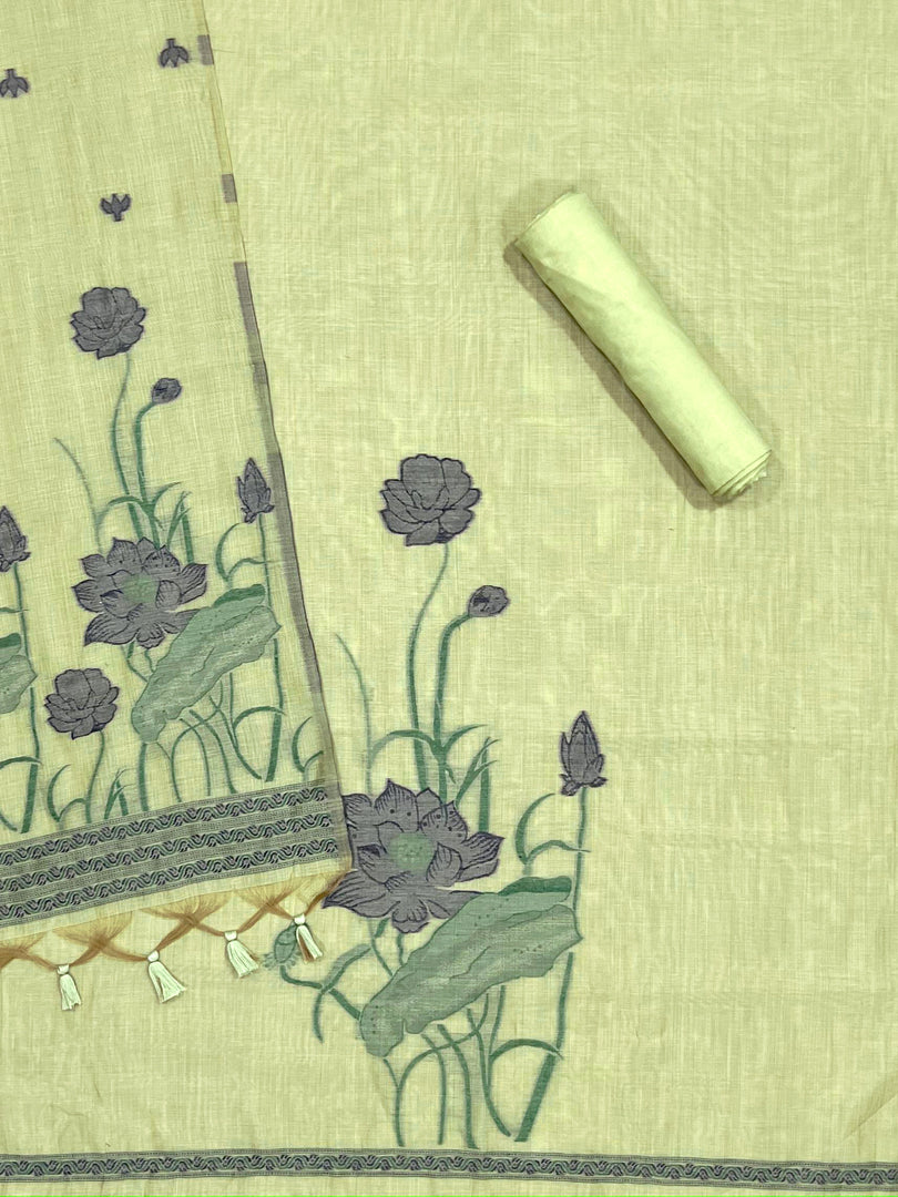 Bohemian Bliss Green Muga Cotton Unstitched Suit Set