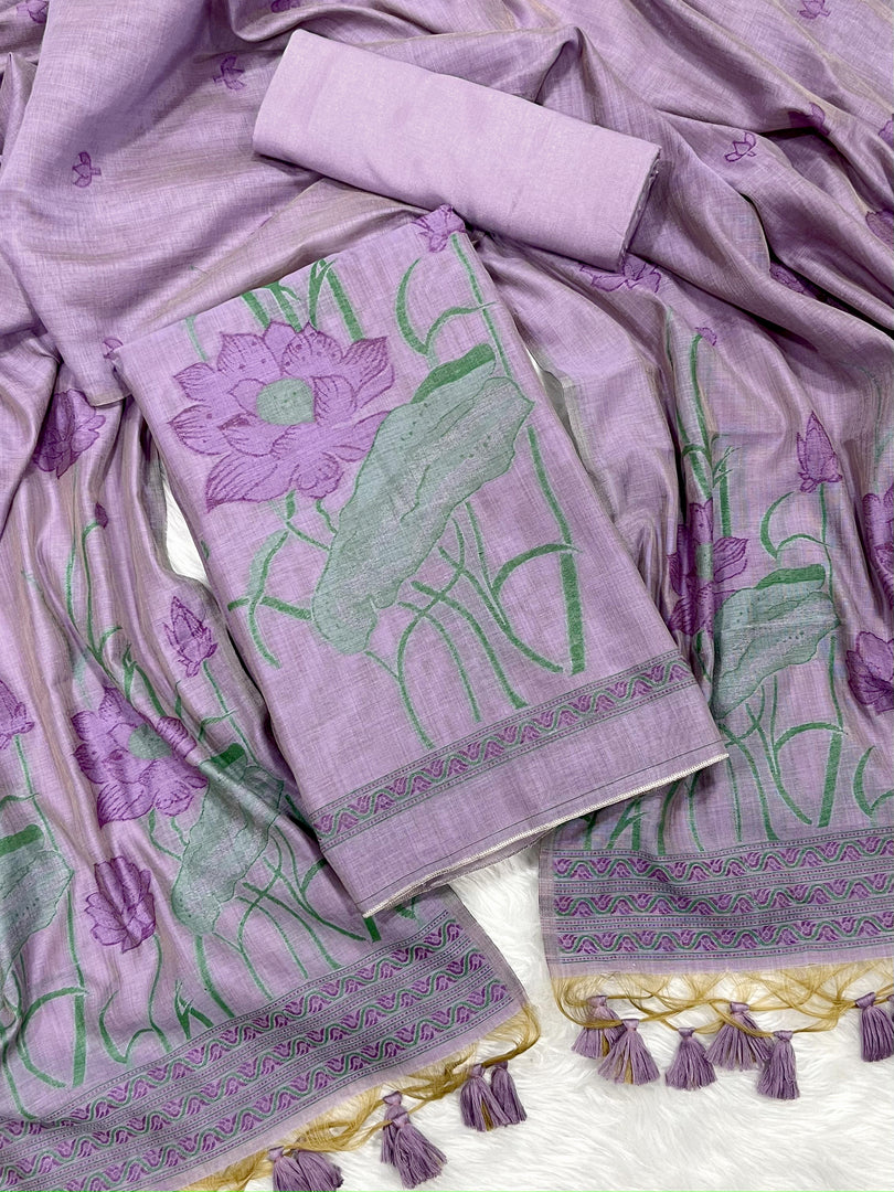 Bohemian Bliss Lavender Muga Cotton Unstitched Suit Set