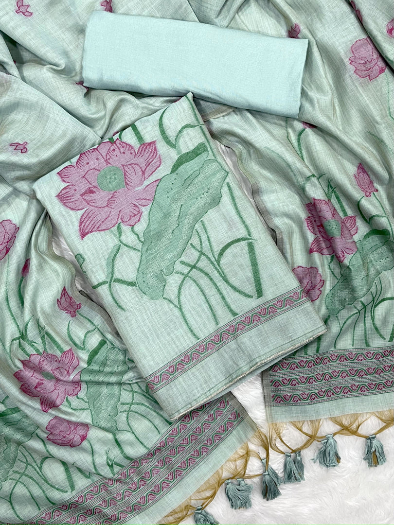 Bohemian Bliss Sea Green Muga Cotton Unstitched Suit Set