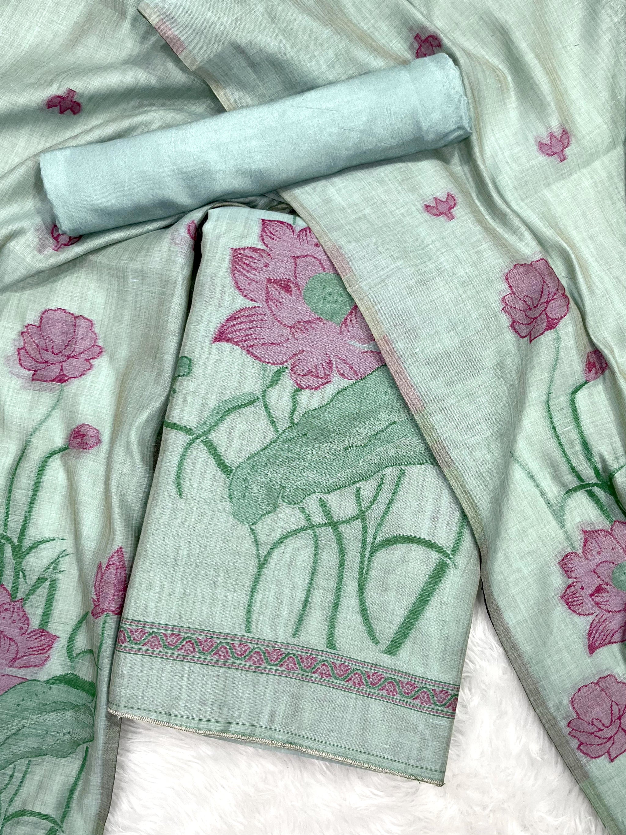 Bohemian Bliss Sea Green Muga Cotton Unstitched Suit Set