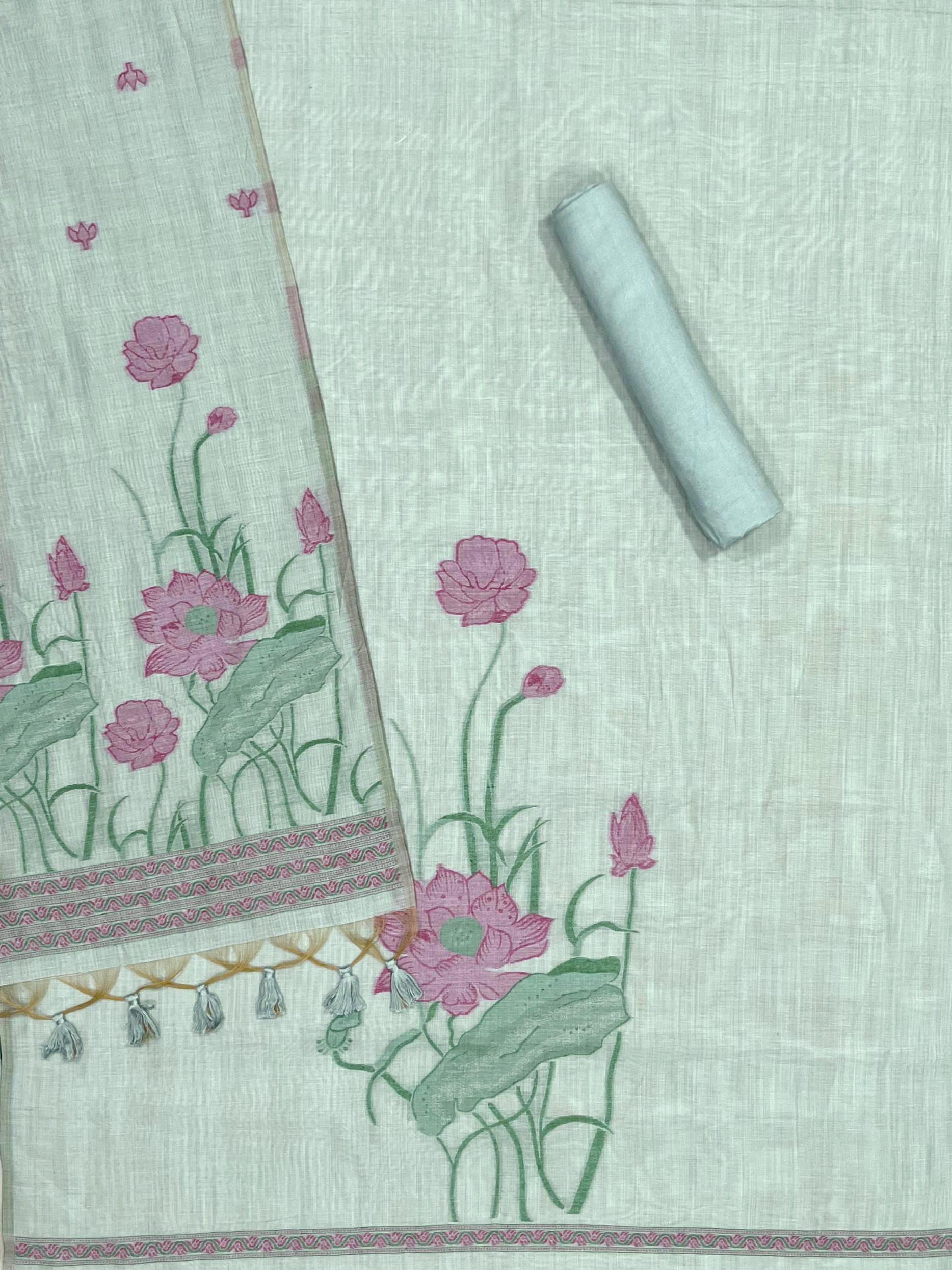 Bohemian Bliss Sea Green Muga Cotton Unstitched Suit Set