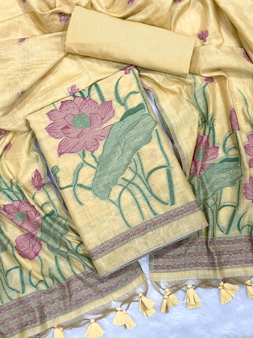 Bohemian Bliss Yellow Muga Cotton Unstitched Suit Set