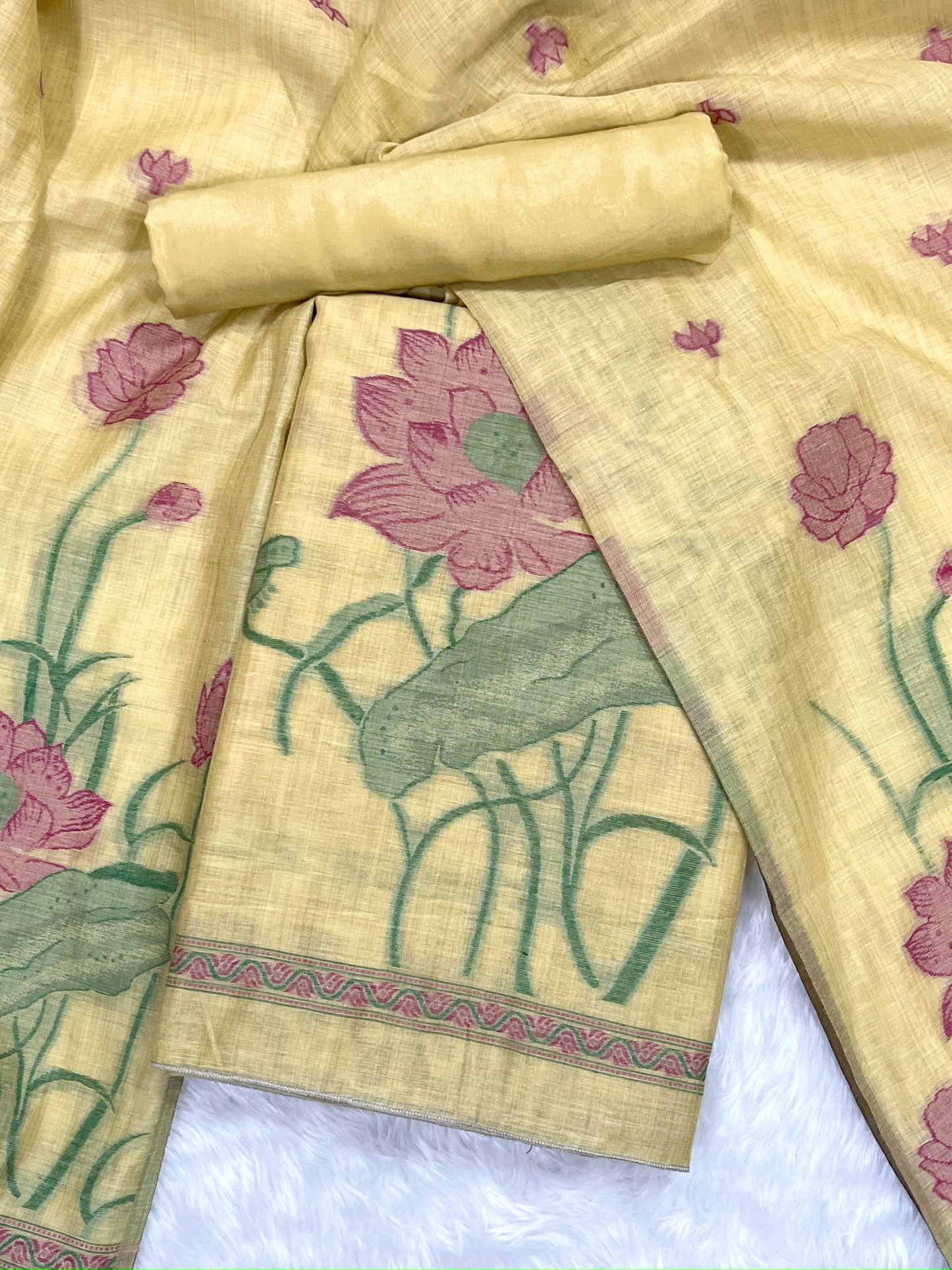 Bohemian Bliss Yellow Muga Cotton Unstitched Suit Set