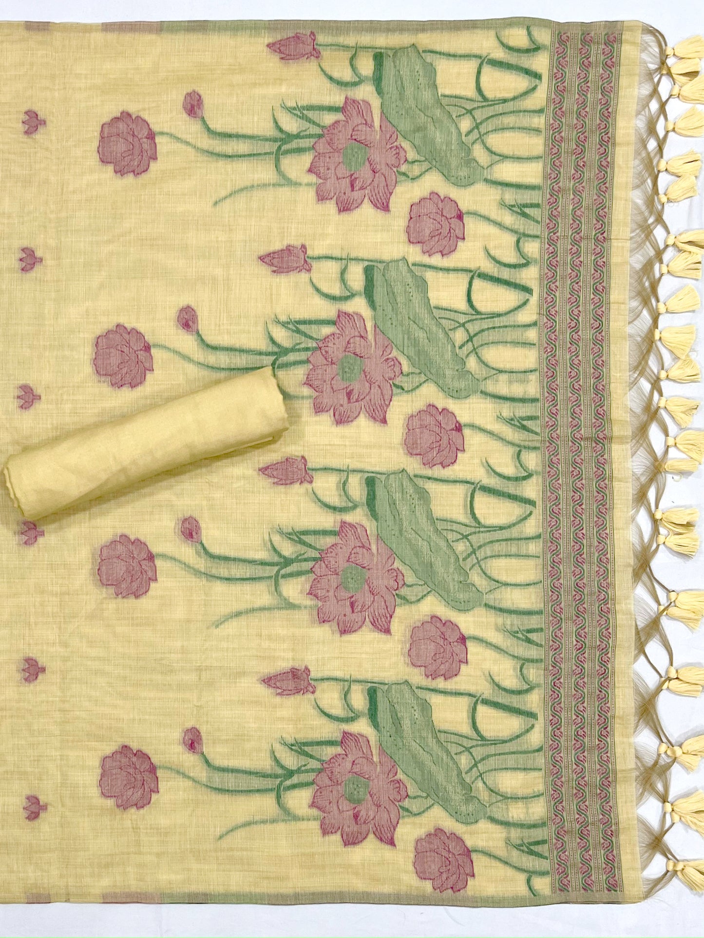 Bohemian Bliss Yellow Muga Cotton Unstitched Suit Set